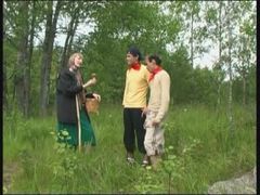 Granny hiking through the woods has a wild threesome