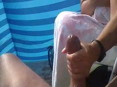 Beach handjob big cock huge cumshot