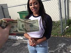 Ebony slut paid to flash her tits and fuck hardcore in public