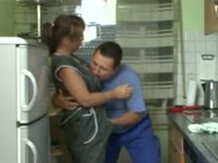 Lewd housewife sucks my dick in the kitchen and gets fucked hard