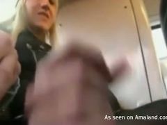 Naughty pretty amateur blond head gonna suck and jerk dick in the bus