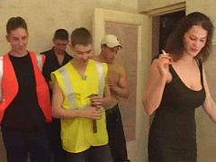 A group of dudes fucks a chick then cum all over her body