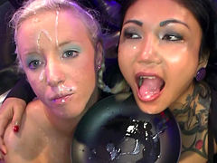 Slender Asian cock-sucking babe is getting big load of cum